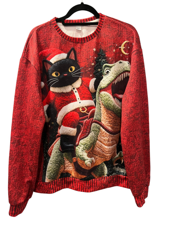 Unbranded Tops - Ugly Christmas Sweater XL Cat Riding T-Rex Santa Funny Holiday Sweatshirt Red